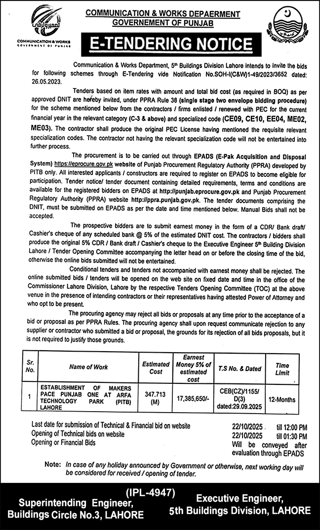 Communication & Works Department Lahore Tender Notice